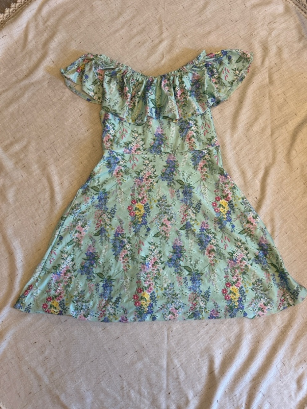 Girls George Floral Off Shoulder Mini Dress Cottagecore Pastel Green XL 14-16